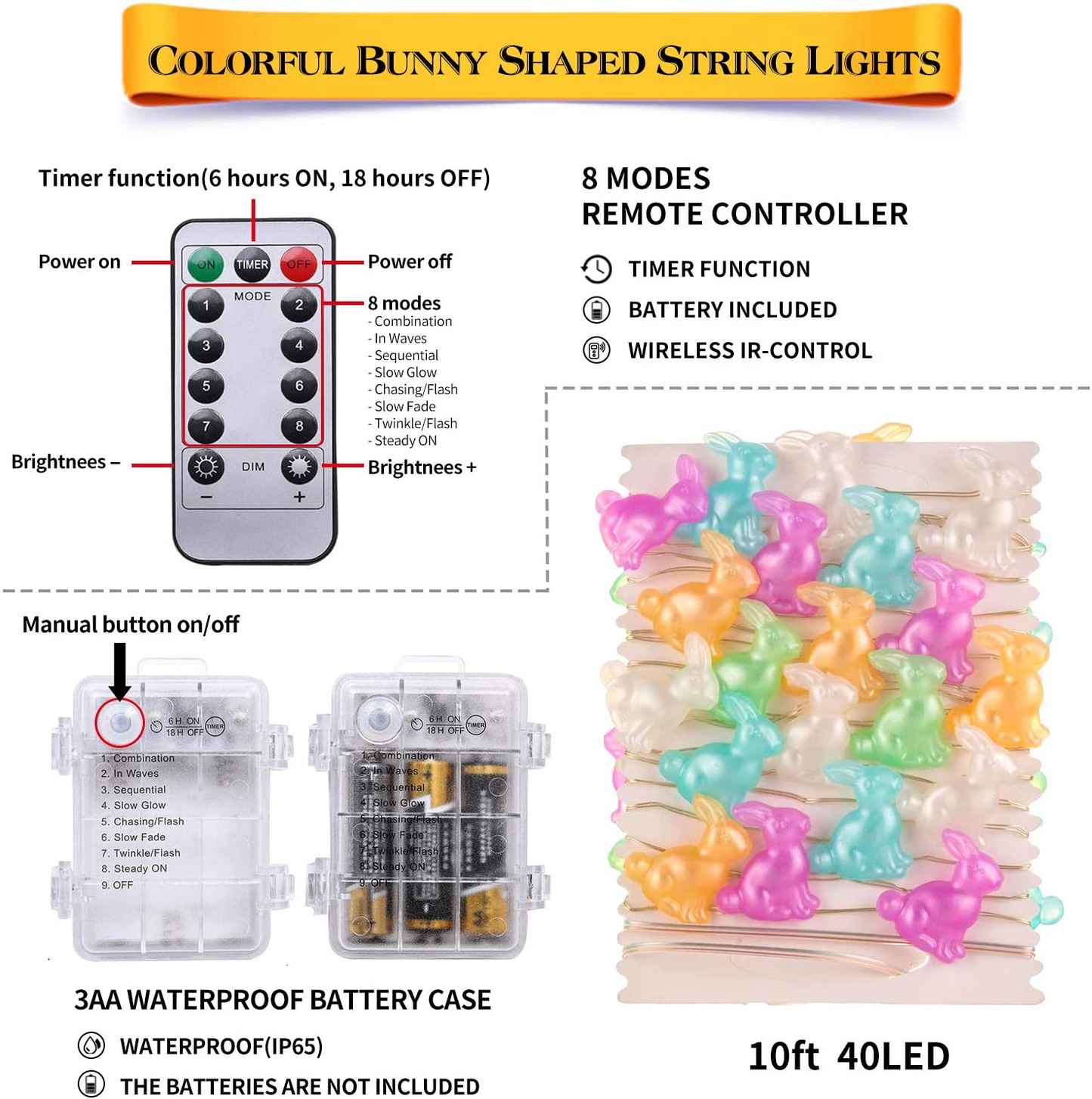 Five-color Bunny Fairy Lights Battery Operated Easter Decorations