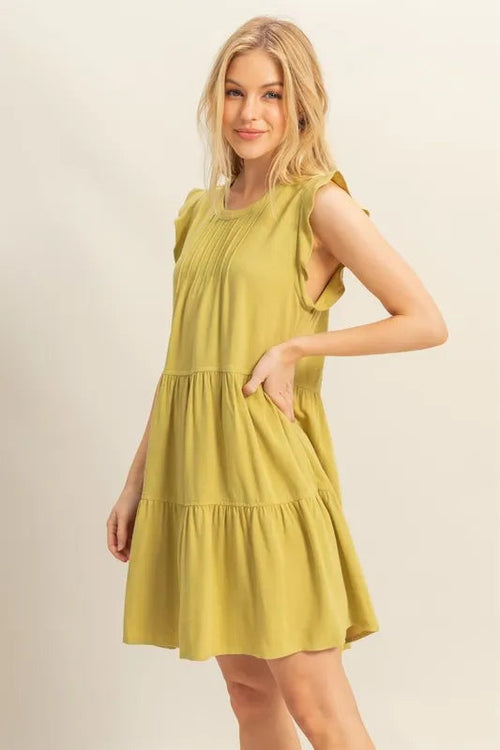 HYFVE Round Neck Ruffle Sleeve Tiered Dress