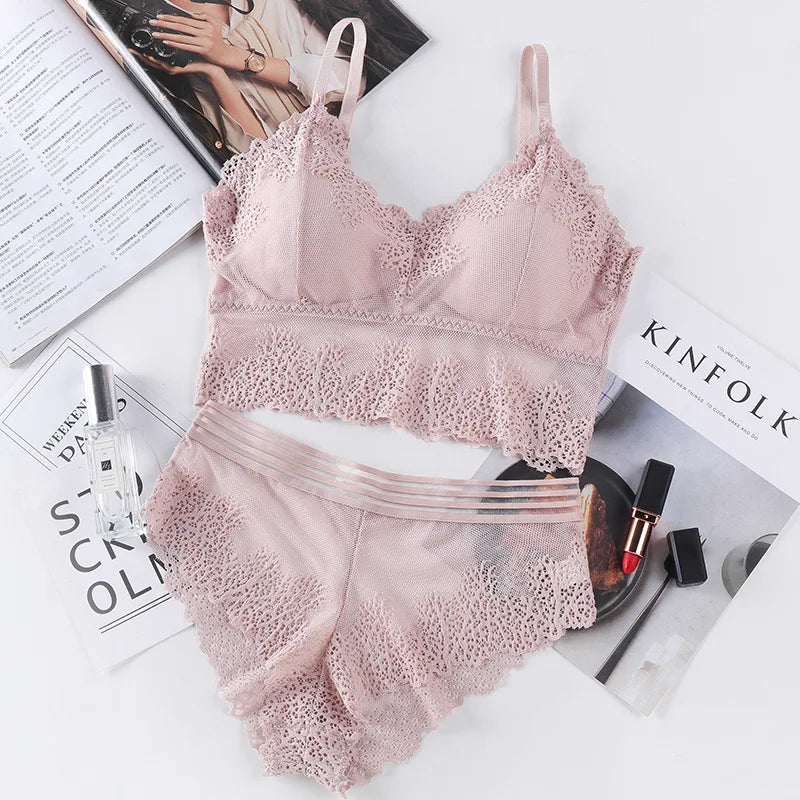 Women Bra Brief Set French Lace Underwear Female Sexy Lingerie Set Lace Bralette Crop Top Seamless Backless Vest Top Set