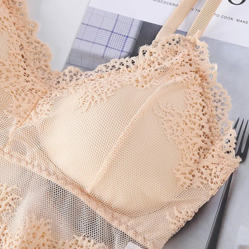 Women Bra Brief Set French Lace Underwear Female Sexy Lingerie Set Lace Bralette Crop Top Seamless Backless Vest Top Set