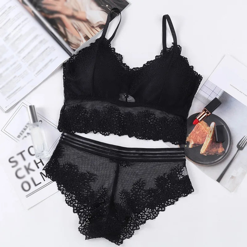 Women Bra Brief Set French Lace Underwear Female Sexy Lingerie Set Lace Bralette Crop Top Seamless Backless Vest Top Set