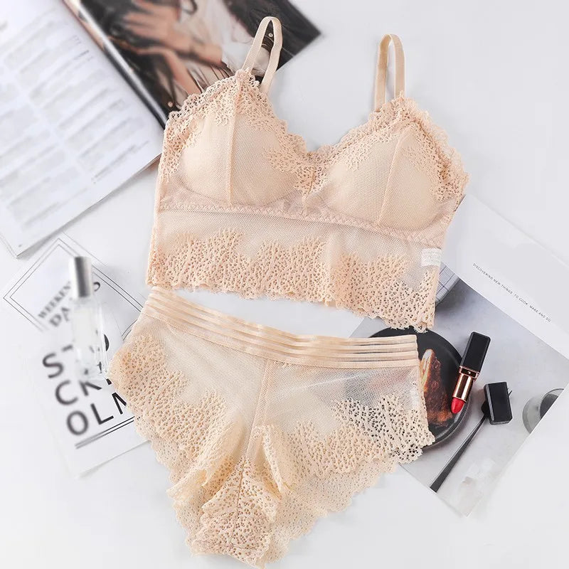 Women Bra Brief Set French Lace Underwear Female Sexy Lingerie Set Lace Bralette Crop Top Seamless Backless Vest Top Set