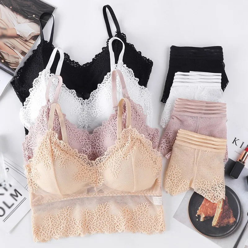 Women Bra Brief Set French Lace Underwear Female Sexy Lingerie Set Lace Bralette Crop Top Seamless Backless Vest Top Set
