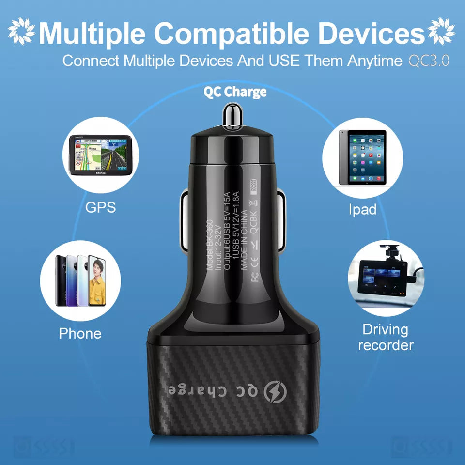 PBG LED 6 Port Car Charger and 4 in 1 Nylon Charging Cable Bundle