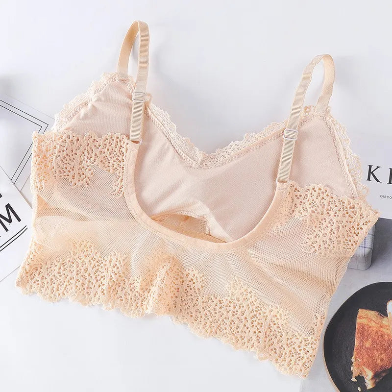 Women Bra Brief Set French Lace Underwear Female Sexy Lingerie Set Lace Bralette Crop Top Seamless Backless Vest Top Set