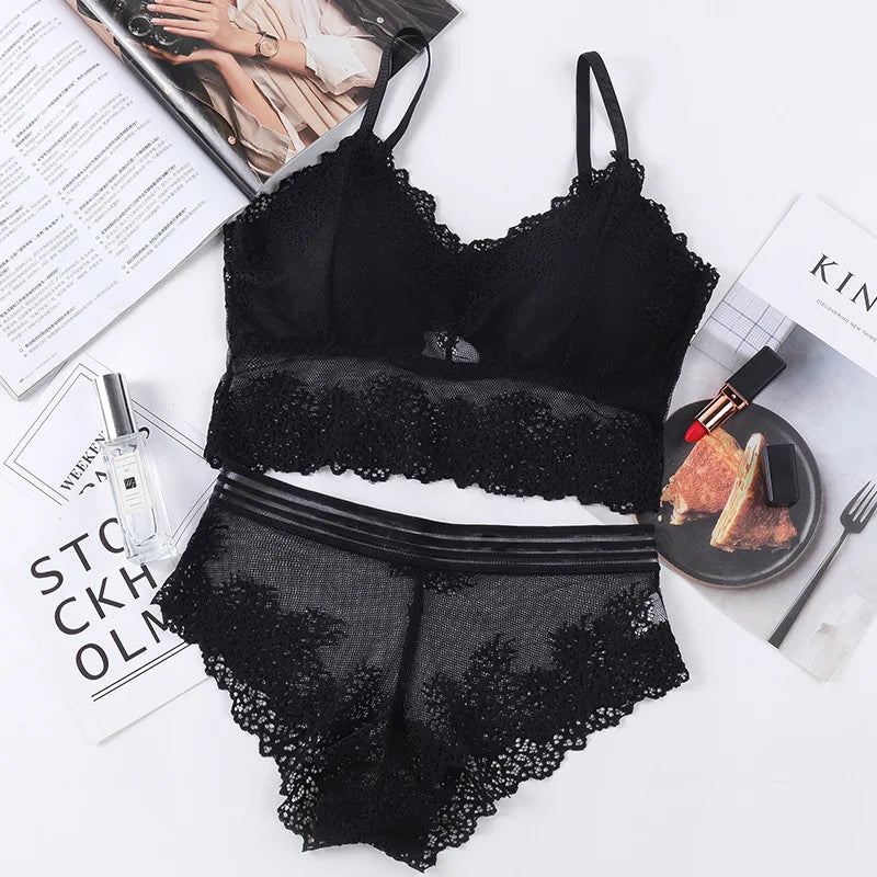 Women Bra Brief Set French Lace Underwear Female Sexy Lingerie Set Lace Bralette Crop Top Seamless Backless Vest Top Set