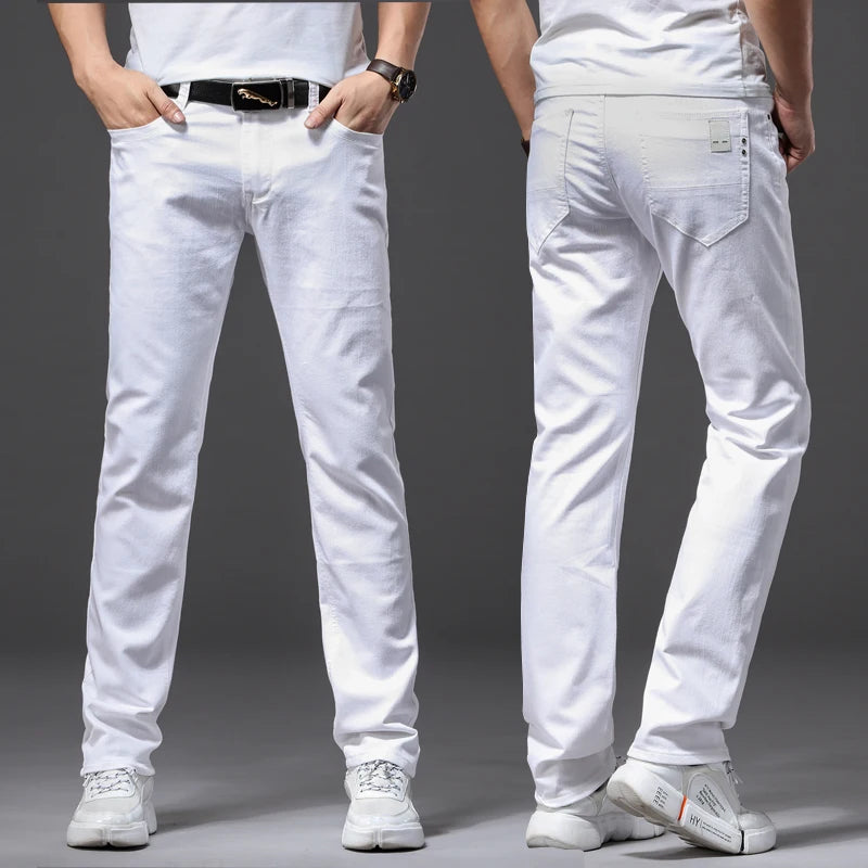 Men White Jeans Fashion Casual Classic Style Slim Fit Soft Trousers