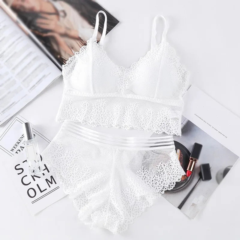 Women Bra Brief Set French Lace Underwear Female Sexy Lingerie Set Lace Bralette Crop Top Seamless Backless Vest Top Set