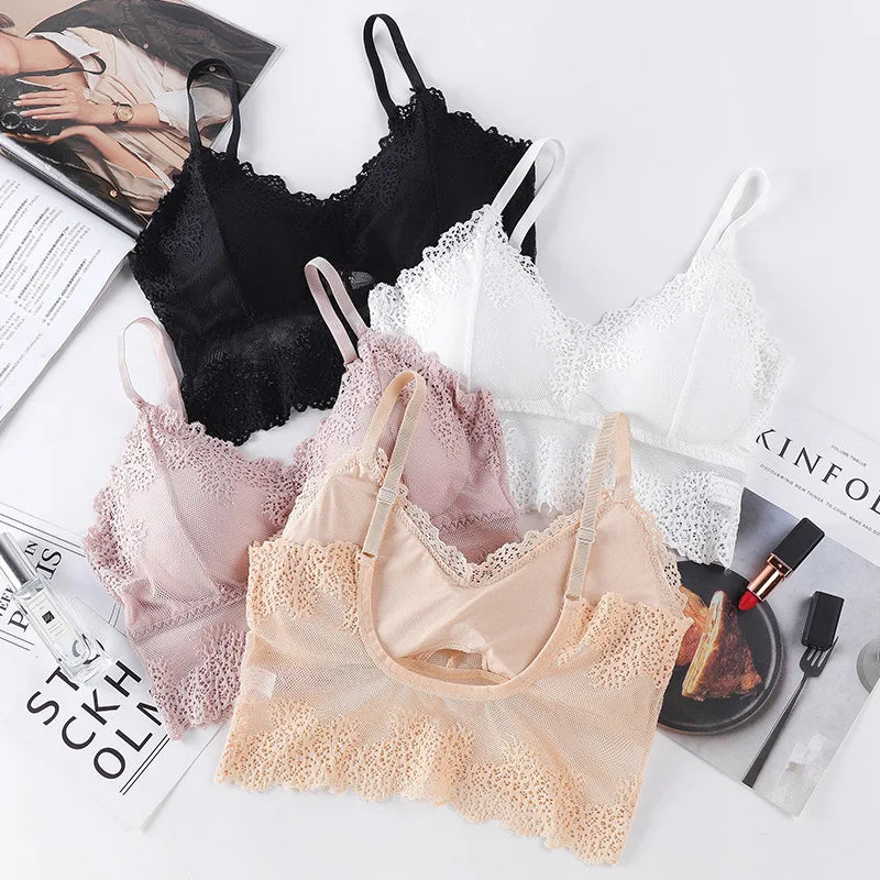 Women Bra Brief Set French Lace Underwear Female Sexy Lingerie Set Lace Bralette Crop Top Seamless Backless Vest Top Set