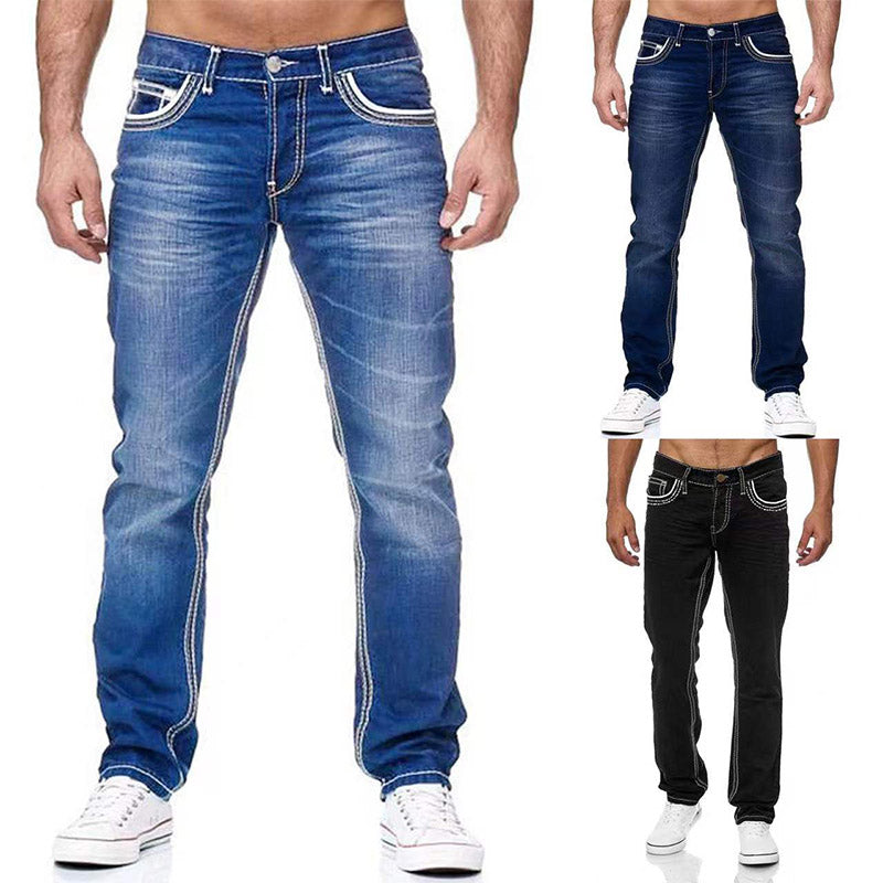 Men Jeans Solid Pockets Stretch Denim Straight Pants Spring Summer