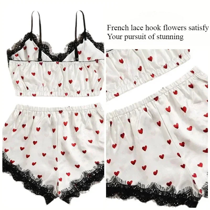 Women 2PCS/3Pcs Satin Ice Silk Pajama Set Heart Print Lace Sleeping Skirt Seamless Sexy Lingerie Homewear Pajama Short Sleepwear