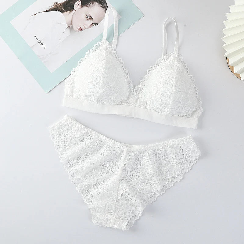 Women Bra Set Lace Women's Underwear Sexy Lingerie Set Low Waist Briefs Vneck Embroidery Brassiere Panties Set Female Intimates
