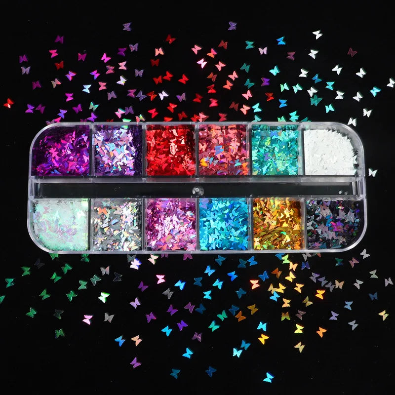 12 Girds Glitter Eyelash Extension Decorations Silver Gold Moon Star 3D Acrylic Butterfly For Nail Art Party Women Makeup Tools