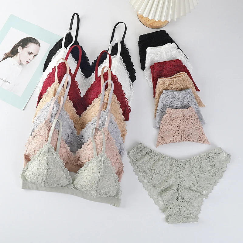 Women Bra Set Lace Women's Underwear Sexy Lingerie Set Low Waist Briefs Vneck Embroidery Brassiere Panties Set Female Intimates