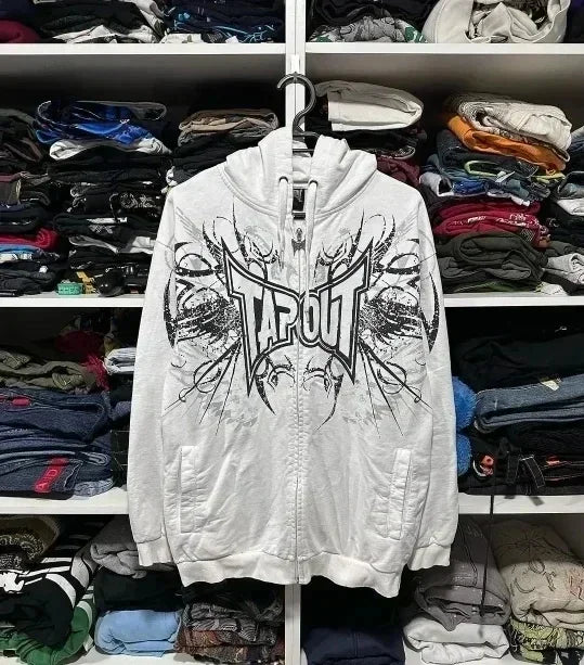 Streetwear Tapout Zipper Hoodie Y2K Clothes Women Men Retro Graphic Hip Hop Letter Oversized Hoodie Sweatshirt Punk Rock Jacket