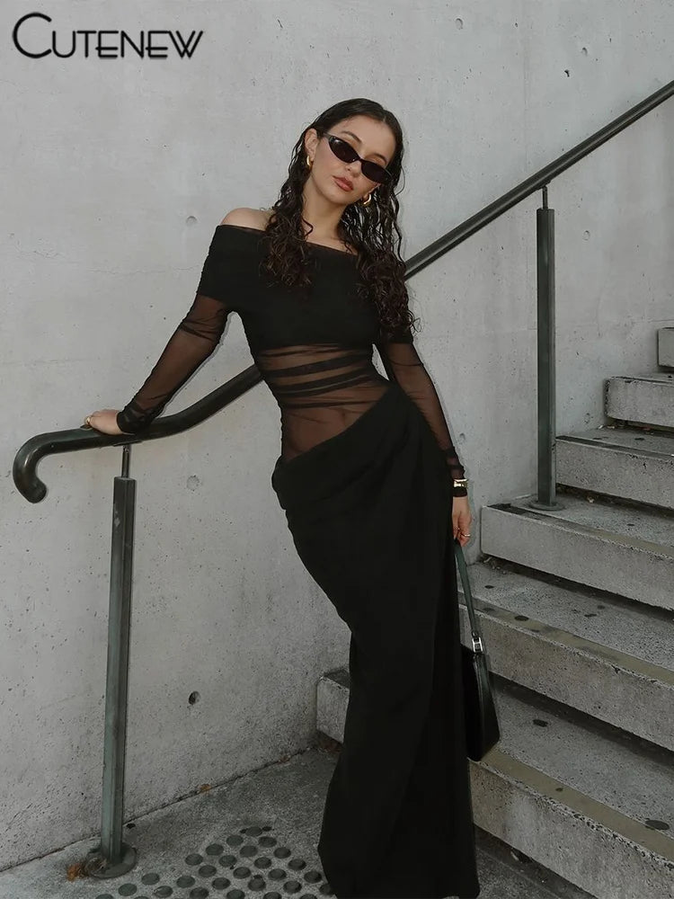 Cutenew Mesh Ruched Women Maxi Dress Sexy See Through Off Shoulder
