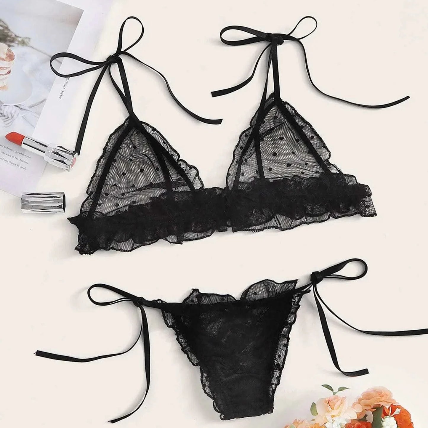 Female Underwear Sexy lingerie Set For Women Plus Size Dot Mesh Lace Wireless Bra Sexy Bandage Lingerie Thong Set Underwear