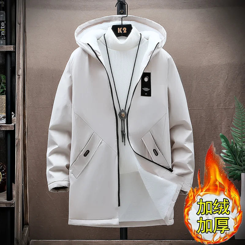2024 Men's Add Velvet Classic Fashion Trend Long Windbreaker Autumn Men Casual Loose Large Size High-quality Hooded Coat