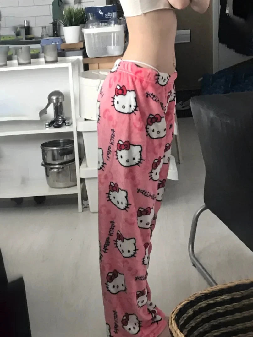 Sanrio Hello Kitty Flannel Pajamas Y2k Kawaii Anime Women'S Warm