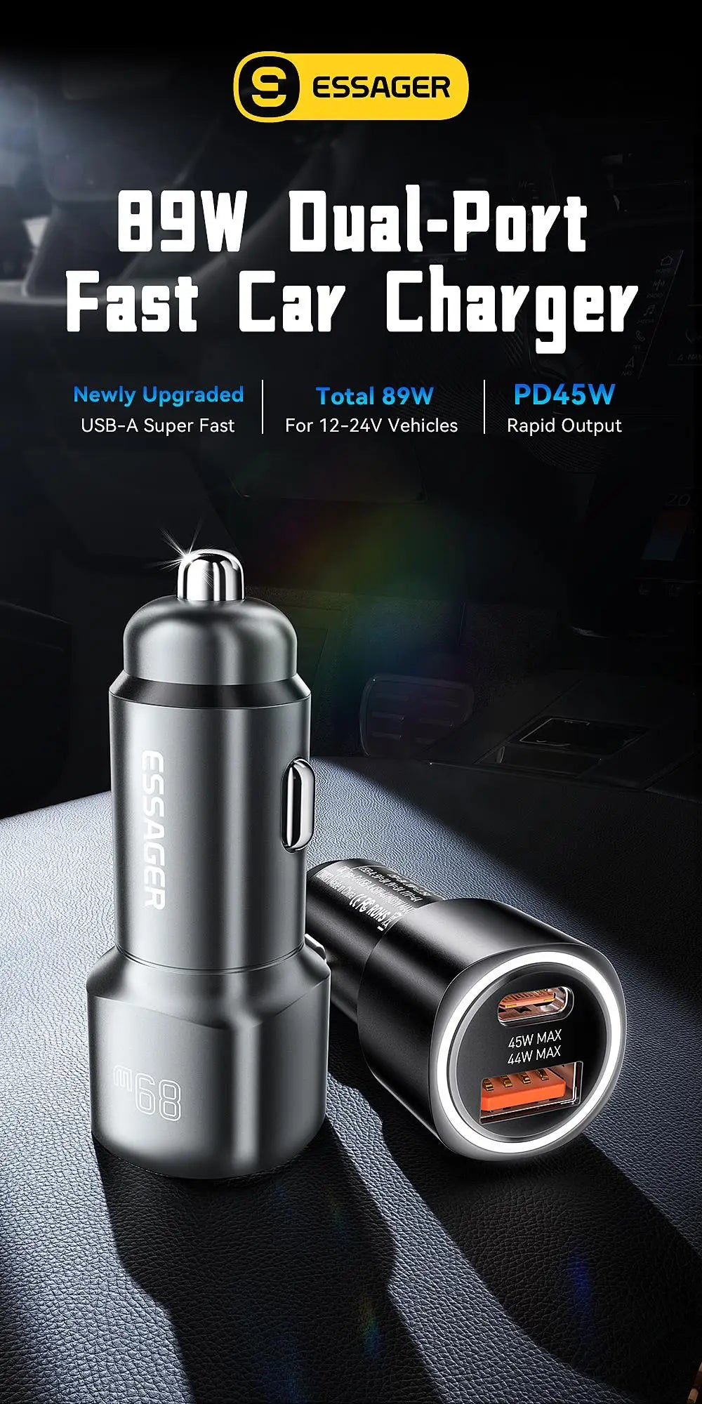 Essager USB C Car Charger 89W 2 Ports Super Fast Charge PD QC 3.0 Car Phone Charger For iPhone 15 Xiaomi Huawei Oneplus Realme
