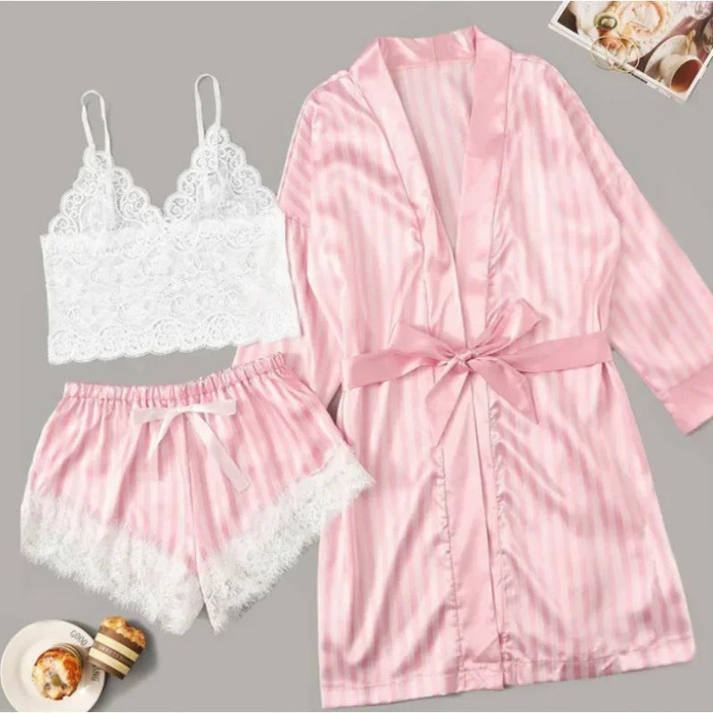 Women 2PCS/3Pcs Satin Ice Silk Pajama Set Heart Print Lace Sleeping Skirt Seamless Sexy Lingerie Homewear Pajama Short Sleepwear