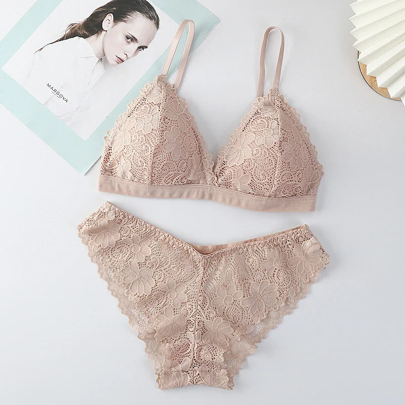 Women Bra Set Lace Women's Underwear Sexy Lingerie Set Low Waist Briefs Vneck Embroidery Brassiere Panties Set Female Intimates