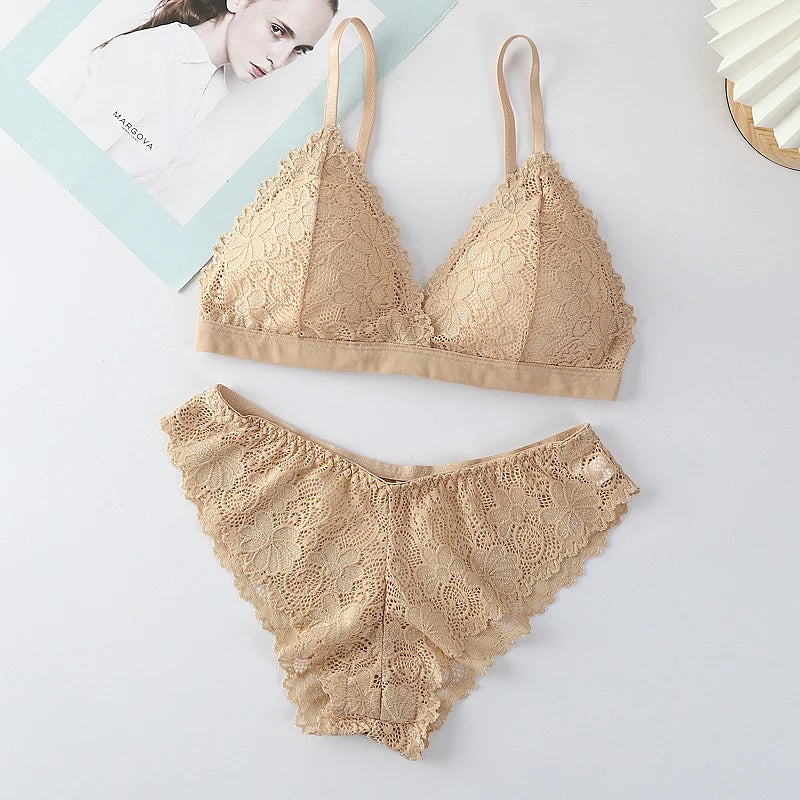 Women Bra Set Lace Women's Underwear Sexy Lingerie Set Low Waist Briefs Vneck Embroidery Brassiere Panties Set Female Intimates