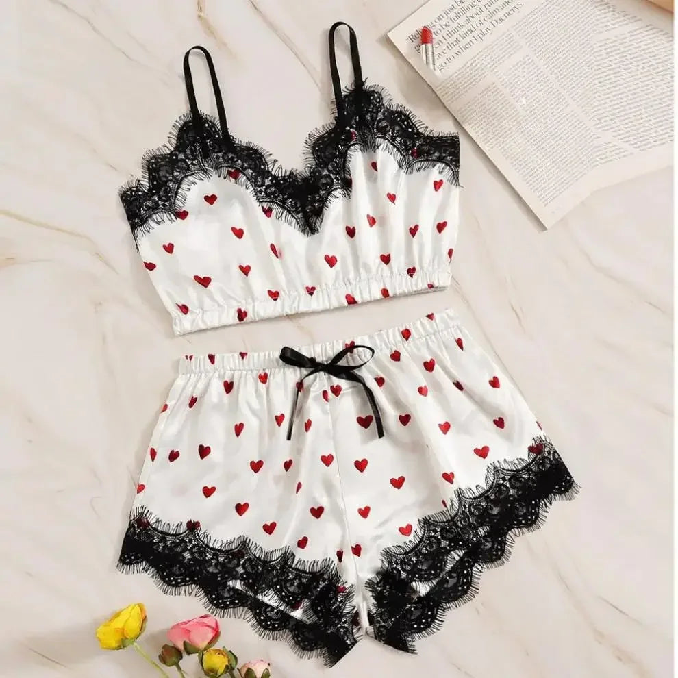 Women 2PCS/3Pcs Satin Ice Silk Pajama Set Heart Print Lace Sleeping Skirt Seamless Sexy Lingerie Homewear Pajama Short Sleepwear