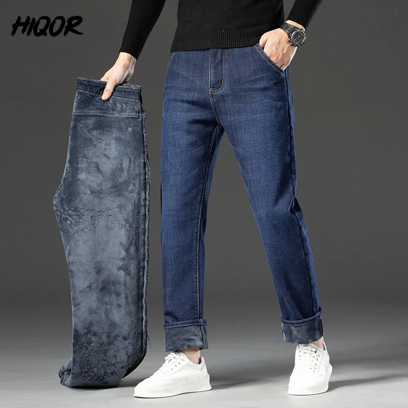 HIQOR Winter Fleece Thick Jeans Men Business Casual Straight Trousers
