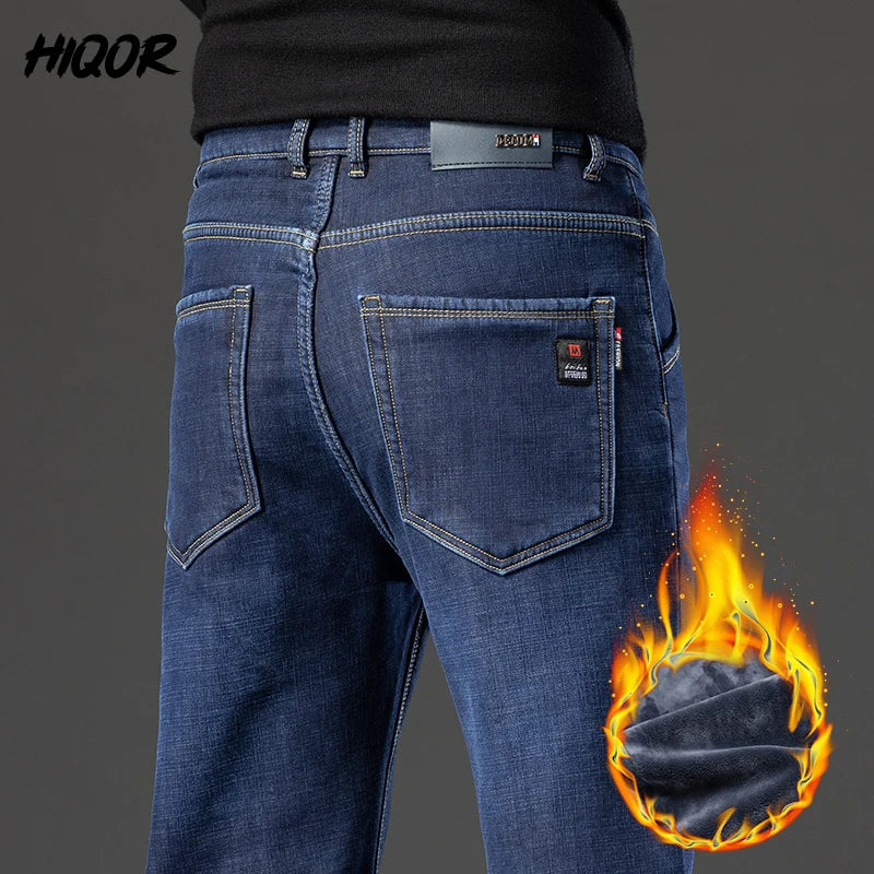HIQOR Winter Fleece Thick Jeans Men Business Casual Straight Trousers