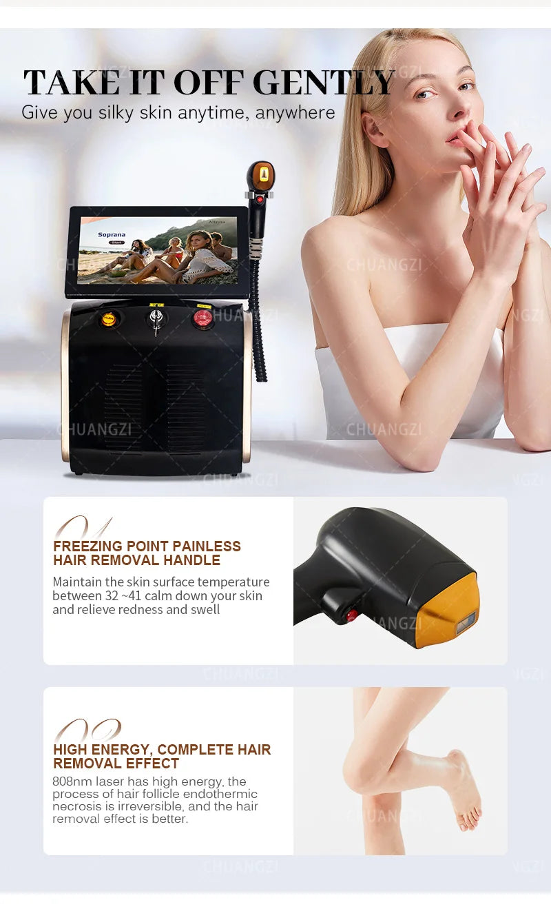 808nm Diode Laser Hair Removal Device 3000W Skin Rejuvenation Ice Alexandrit Permanent Cooling Head Painless Epilator Machine