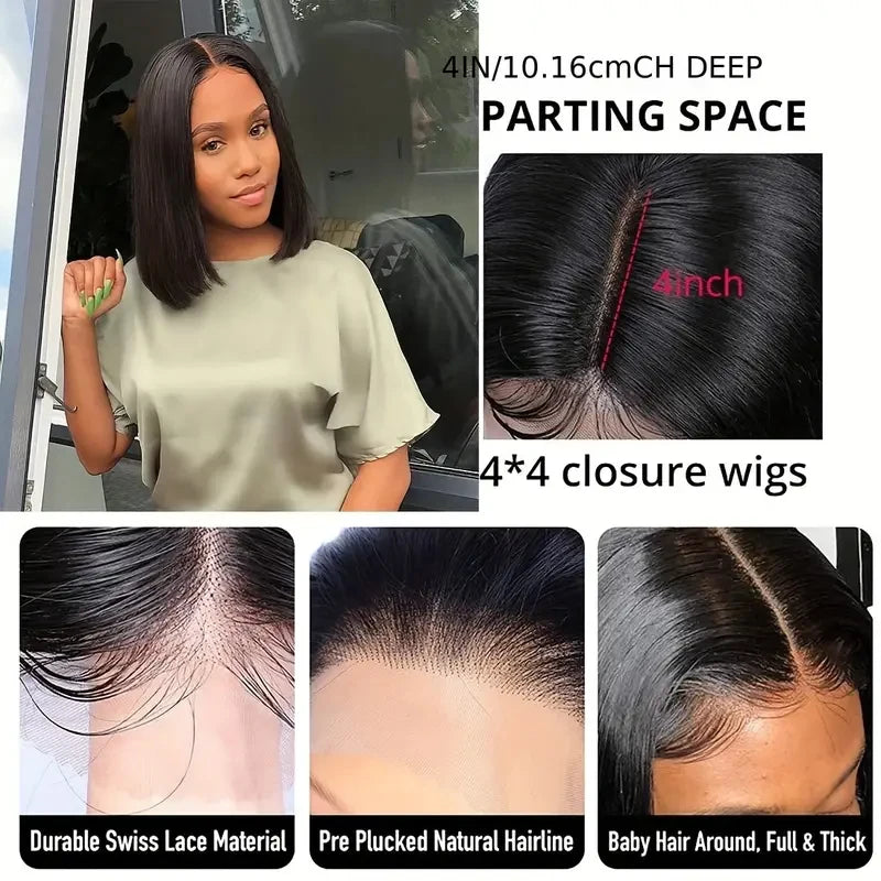 Bob Wigs Black Short Straight 180% Density Bob Wig 4x4 Lace Wig 100% Remy Human Hair For Women Human Hair