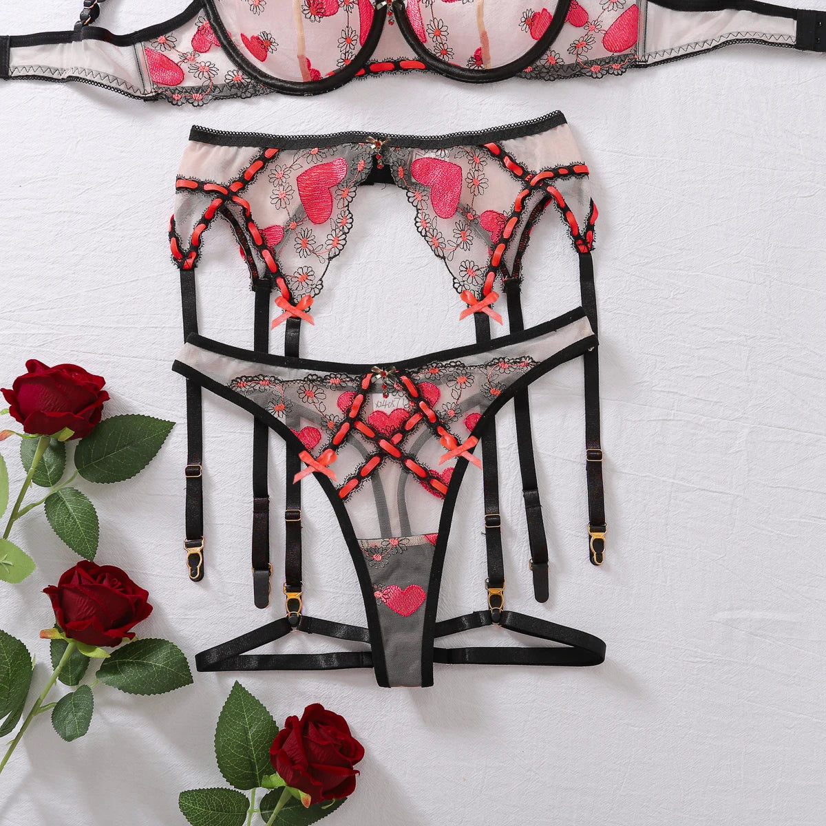 Women Sexy Lingerie Mesh Embroidery Printing Patchwork Micro Perspective Waistband Garter Belt Sexy Lingerie 3 Piece Set
