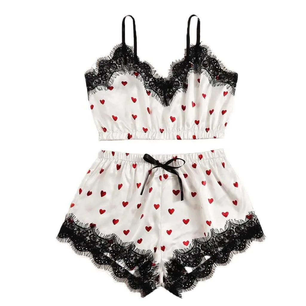 Women 2PCS/3Pcs Satin Ice Silk Pajama Set Heart Print Lace Sleeping Skirt Seamless Sexy Lingerie Homewear Pajama Short Sleepwear