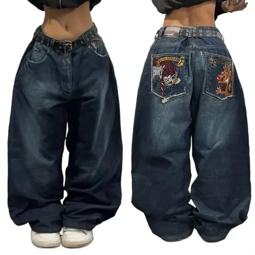 Y2K American Trendy Jeans Retro Gothic Graphic Embroidery Loose men s Jeans Harajuku Hip Hop Street Wide Leg Jeans Pants