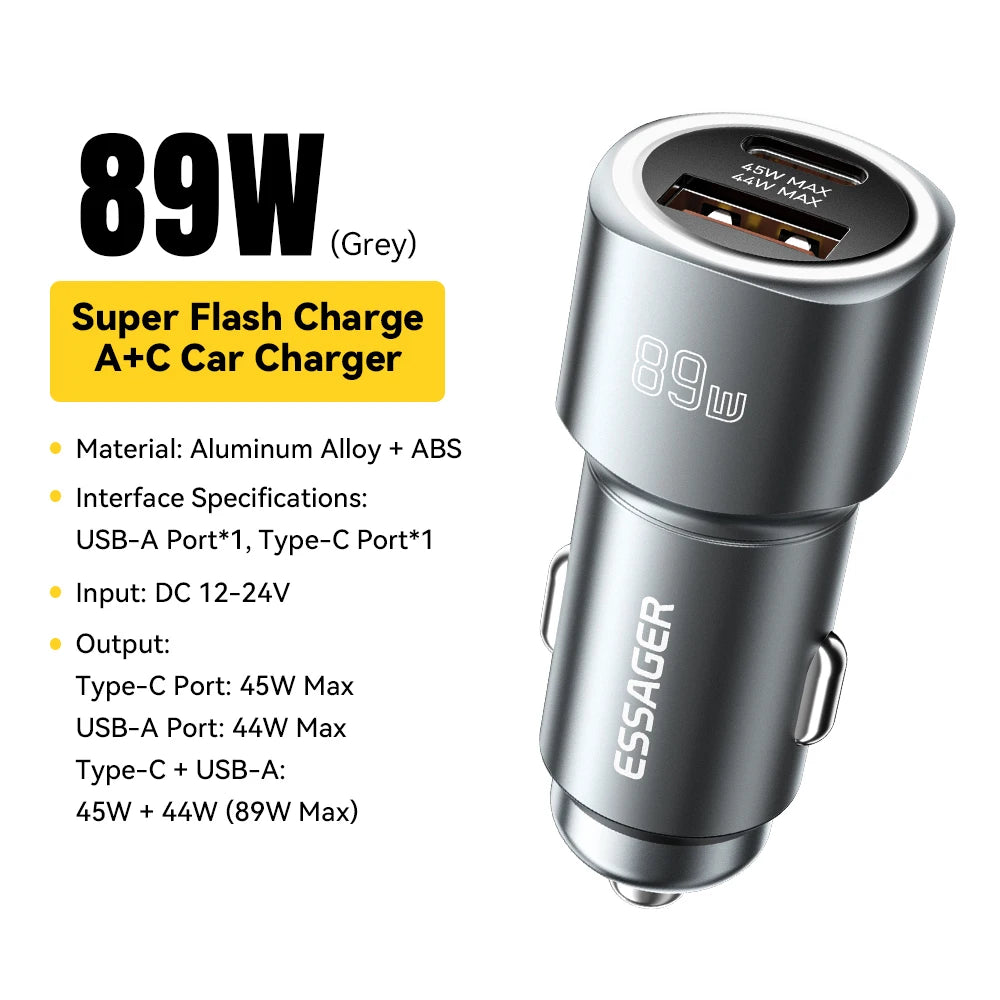 Essager USB C Car Charger 89W 2 Ports Super Fast Charge PD QC 3.0 Car Phone Charger For iPhone 15 Xiaomi Huawei Oneplus Realme