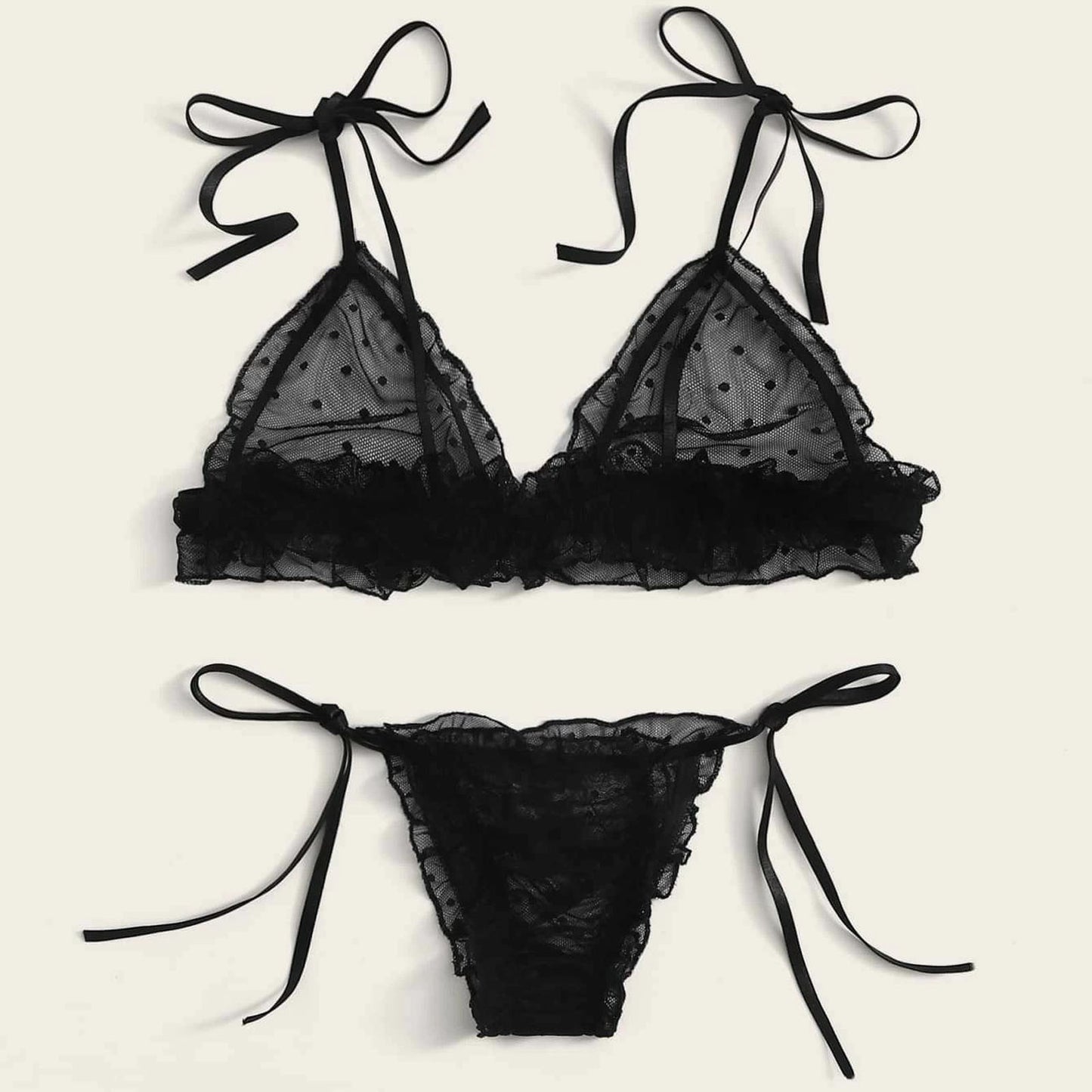 Female Underwear Sexy lingerie Set For Women Plus Size Dot Mesh Lace Wireless Bra Sexy Bandage Lingerie Thong Set Underwear