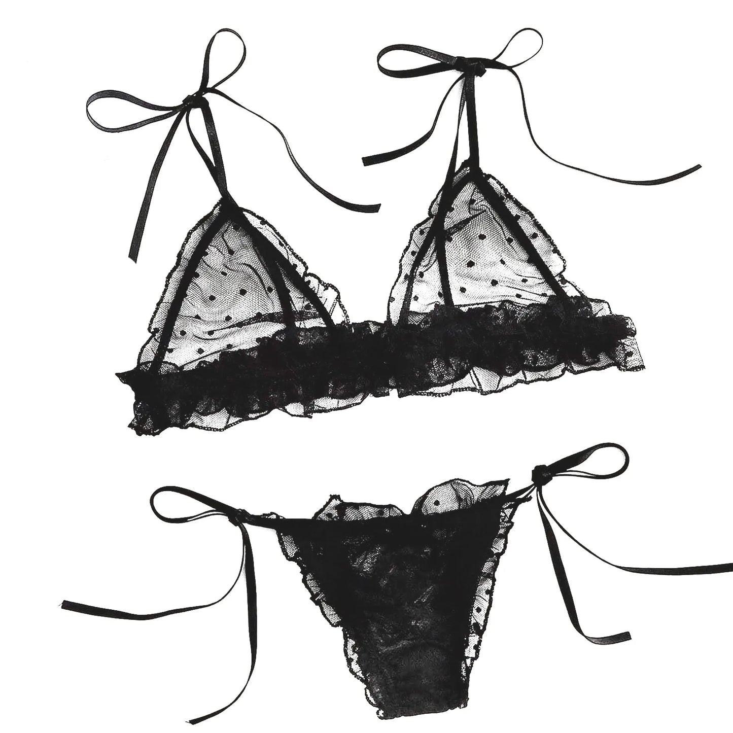 Female Underwear Sexy lingerie Set For Women Plus Size Dot Mesh Lace Wireless Bra Sexy Bandage Lingerie Thong Set Underwear