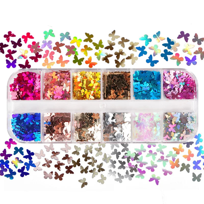 12 Girds Glitter Eyelash Extension Decorations Silver Gold Moon Star 3D Acrylic Butterfly For Nail Art Party Women Makeup Tools