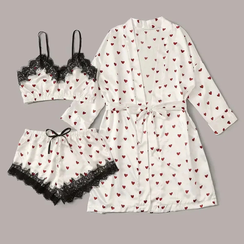 Women 2PCS/3Pcs Satin Ice Silk Pajama Set Heart Print Lace Sleeping Skirt Seamless Sexy Lingerie Homewear Pajama Short Sleepwear