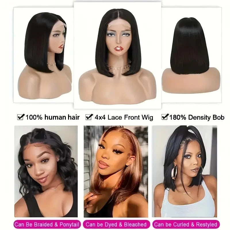 Bob Wigs Black Short Straight 180% Density Bob Wig 4x4 Lace Wig 100% Remy Human Hair For Women Human Hair