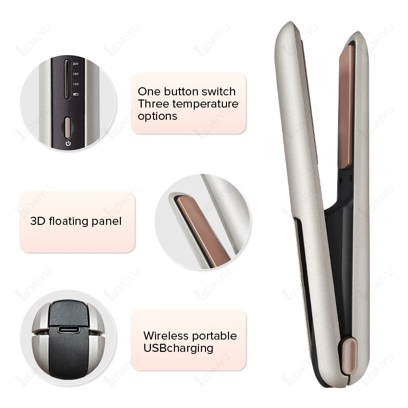 Cordless Hair Straightener Mini Portable Wireless Curler USB