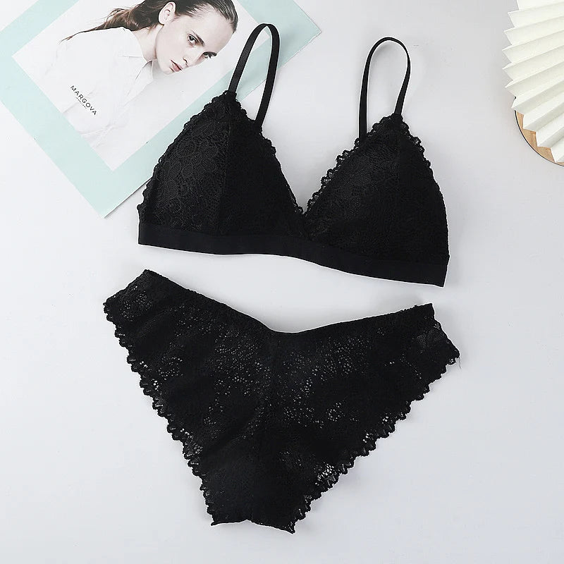 Women Bra Set Lace Women's Underwear Sexy Lingerie Set Low Waist Briefs Vneck Embroidery Brassiere Panties Set Female Intimates