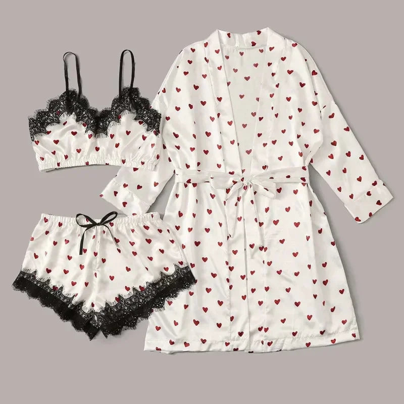 Women 2PCS/3Pcs Satin Ice Silk Pajama Set Heart Print Lace Sleeping Skirt Seamless Sexy Lingerie Homewear Pajama Short Sleepwear