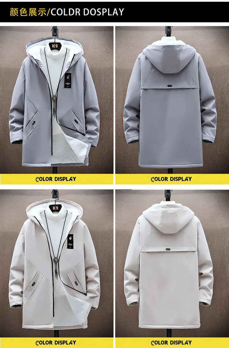 2024 Men's Add Velvet Classic Fashion Trend Long Windbreaker Autumn Men Casual Loose Large Size High-quality Hooded Coat