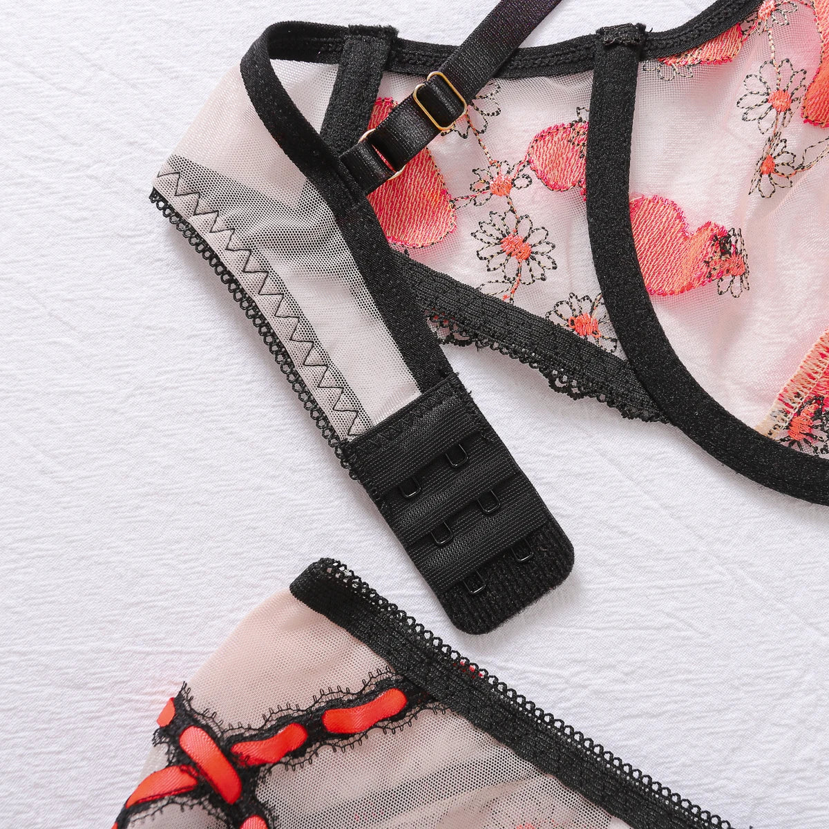 Women Sexy Lingerie Mesh Embroidery Printing Patchwork Micro Perspective Waistband Garter Belt Sexy Lingerie 3 Piece Set
