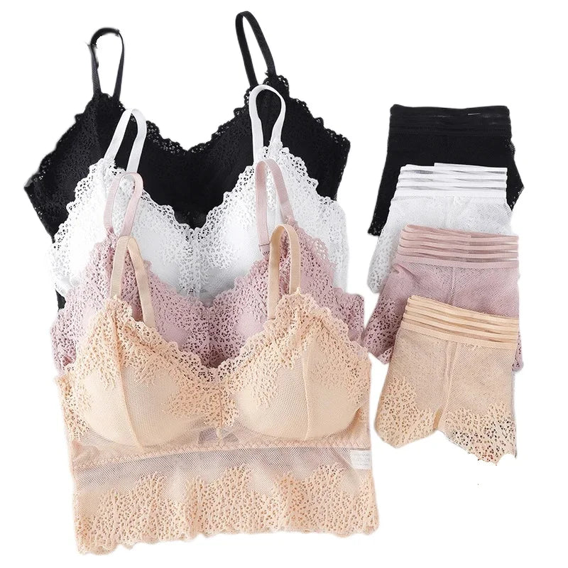Women Bra Brief Set French Lace Underwear Female Sexy Lingerie Set Lace Bralette Crop Top Seamless Backless Vest Top Set