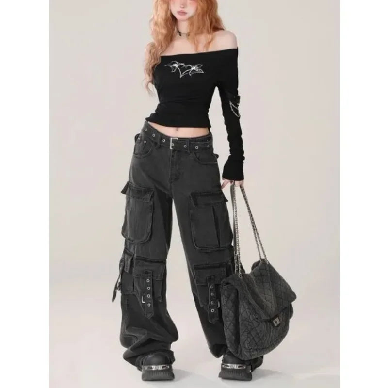 PB&ZACargo Straight Leg Jeans Women Y2k Harajuku Baggy Retro Do Old Belt Korean High Waist Denim Pants Hip Hop Slouchy Jeans
