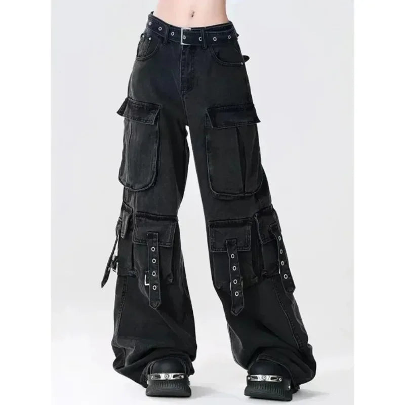 PB&ZACargo Straight Leg Jeans Women Y2k Harajuku Baggy Retro Do Old Belt Korean High Waist Denim Pants Hip Hop Slouchy Jeans