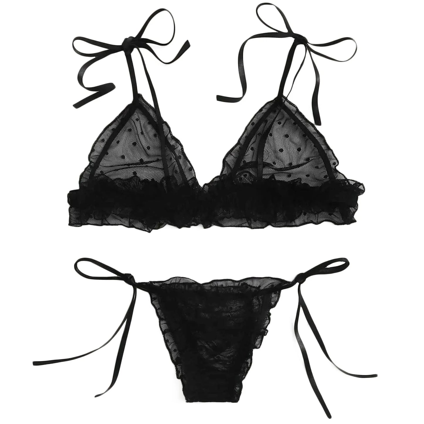 Female Underwear Sexy lingerie Set For Women Plus Size Dot Mesh Lace Wireless Bra Sexy Bandage Lingerie Thong Set Underwear